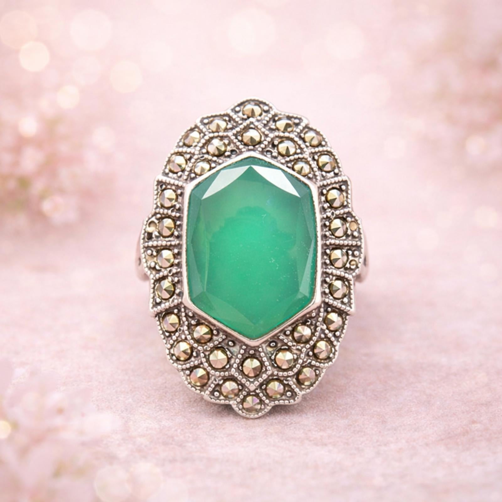 Art Deco Sterling Silver Uncas Green Chalcedony & Marcasite Ring, Size 6