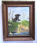Painting of Puppy Playing with Ducks Oil on Canvas Early Painting Signed JA