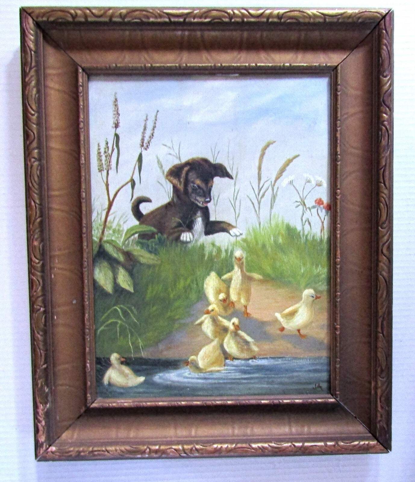 Painting of Puppy Playing with Ducks Oil on Canvas Early Painting Signed JA