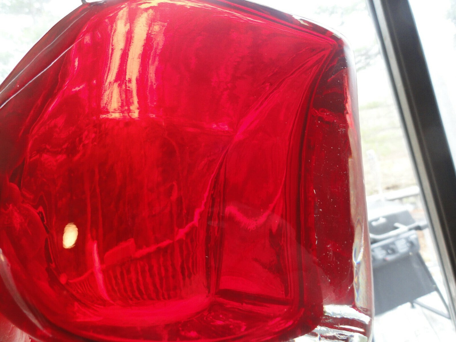 Bright Red Vase with Clear Applied Handle, Jug Vase, Bottle Vase
