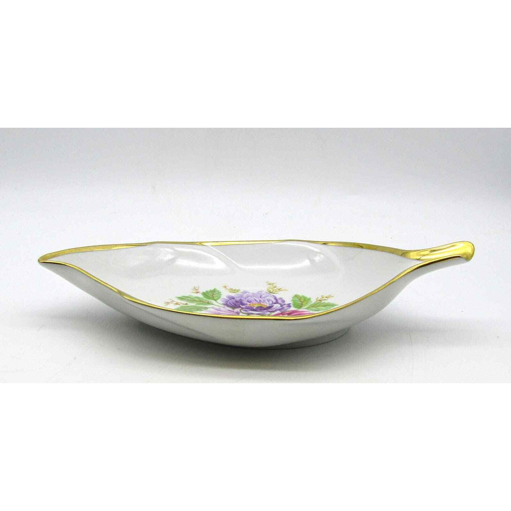 Alka Kunst Leaf Shaped Dish Bavaria Western Germany Dresden Hand Painted Flowers