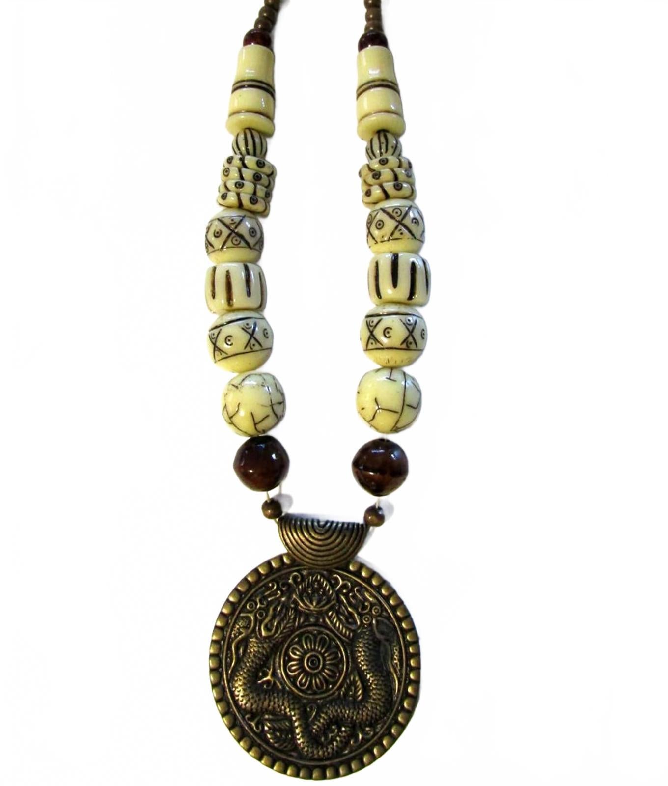 Unique Tribal Beaded Necklace w/ Intricate Pendant Carved Bone Tiger eye Beads