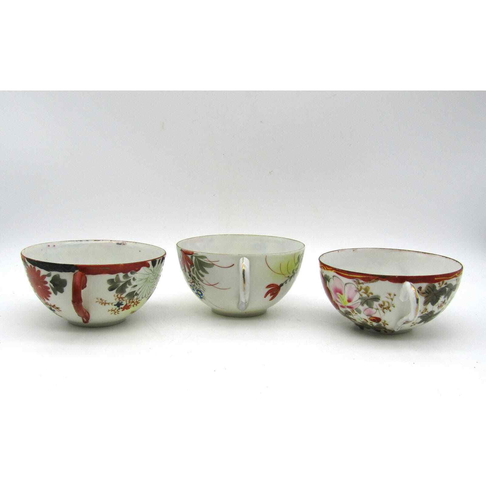 Set of 3 Japanese Cups Eggshell Porcelain Hand Painted Floral and Bird Antique