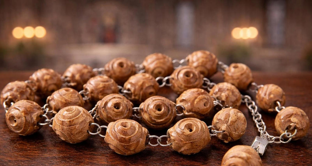 Vintage Rosary Rose Carved Olive Wood Beads Marked Jerusalem 42"