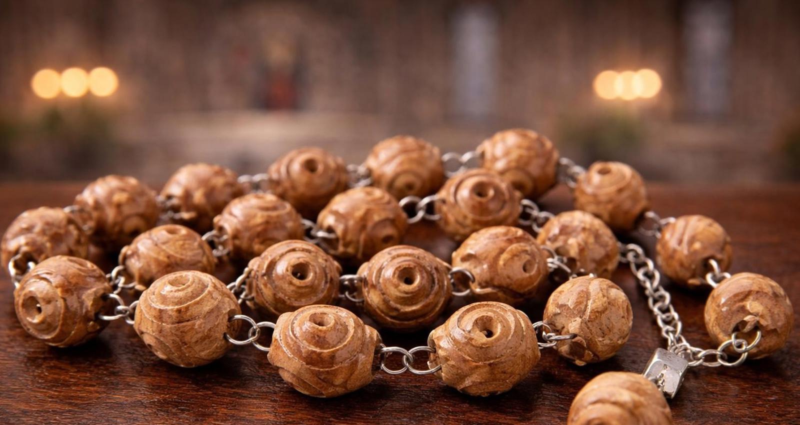 Vintage Rosary Rose Carved Olive Wood Beads Marked Jerusalem 42"