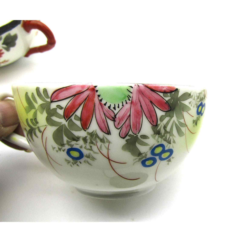 Set of 3 Japanese Cups Eggshell Porcelain Hand Painted Floral and Bird Antique