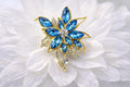 Blue Rhinestone Flower Brooch Gold Tone w/ Clear Rhinestone Accent Pin FREE SHIP