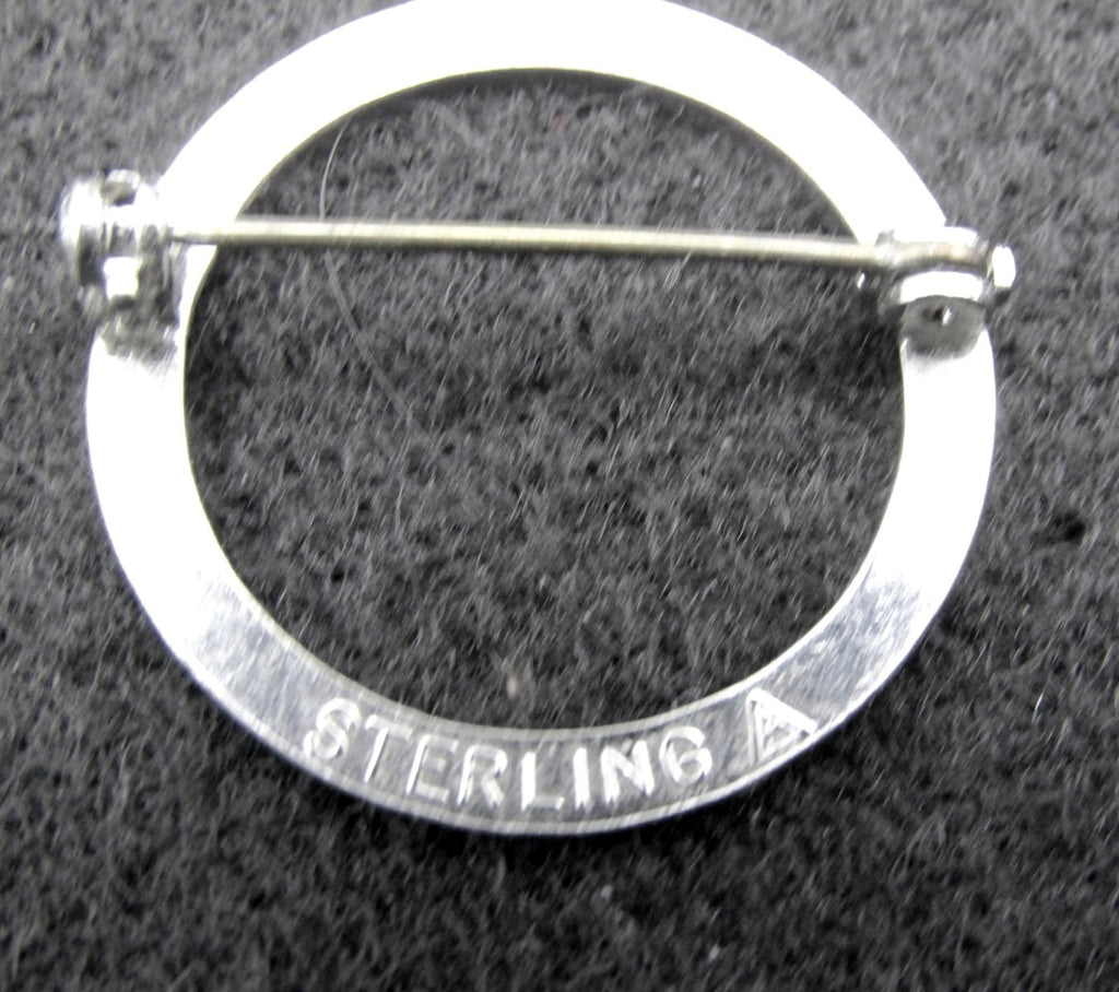 Vintage Sterling Silver Circular Brooch Pin with Etched Flowers - Makers Mark