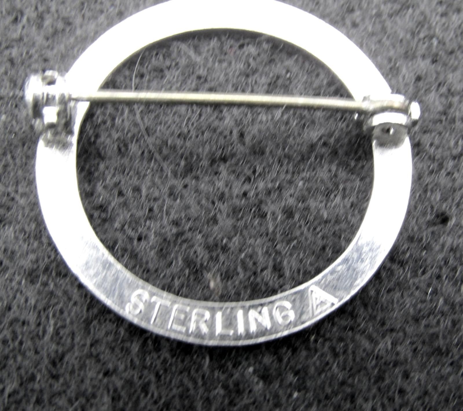 Vintage Sterling Silver Circular Brooch Pin with Etched Flowers - Makers Mark