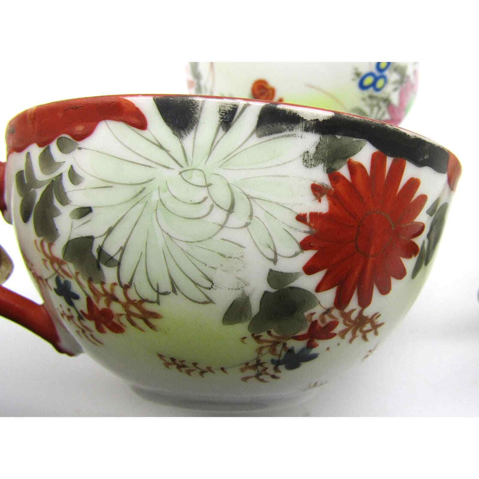 Set of 3 Japanese Cups Eggshell Porcelain Hand Painted Floral and Bird Antique