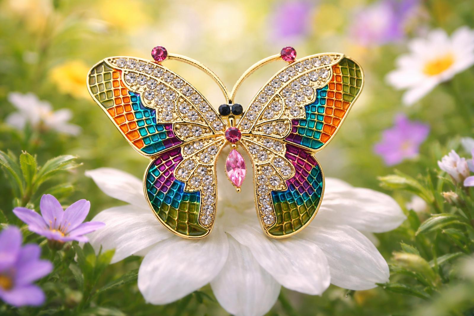 Colorful Butterfly Brooch Clear Pink Rhinestones Enamel Gold Tone Pin FREE SHIP
