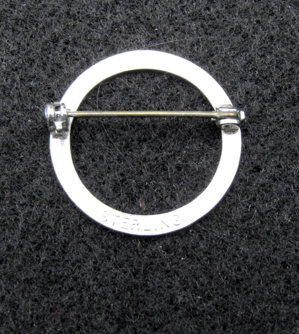 Vintage Sterling Silver Circular Brooch Pin with Etched Flowers - Makers Mark
