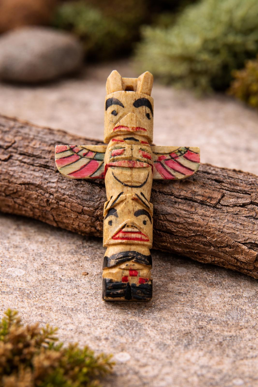 Vintage Alaskan / Pacific Northwest Hand-Carved Bone Totem Pole Pendant