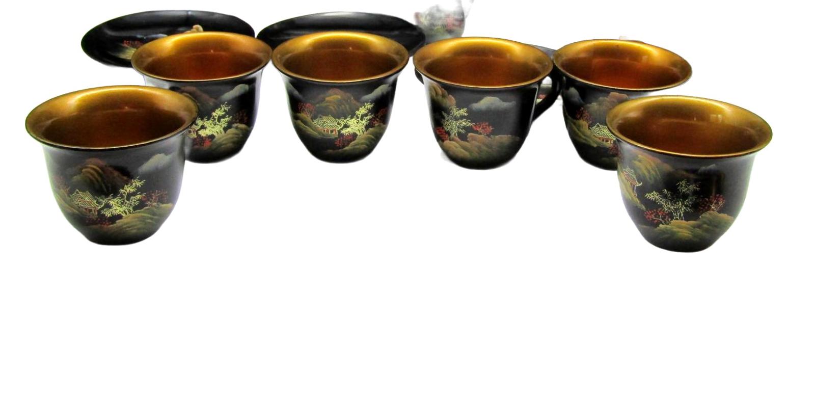 Vintage Chinoiserie Chinese Hand-Painted Tea Set with Tray and Spoons