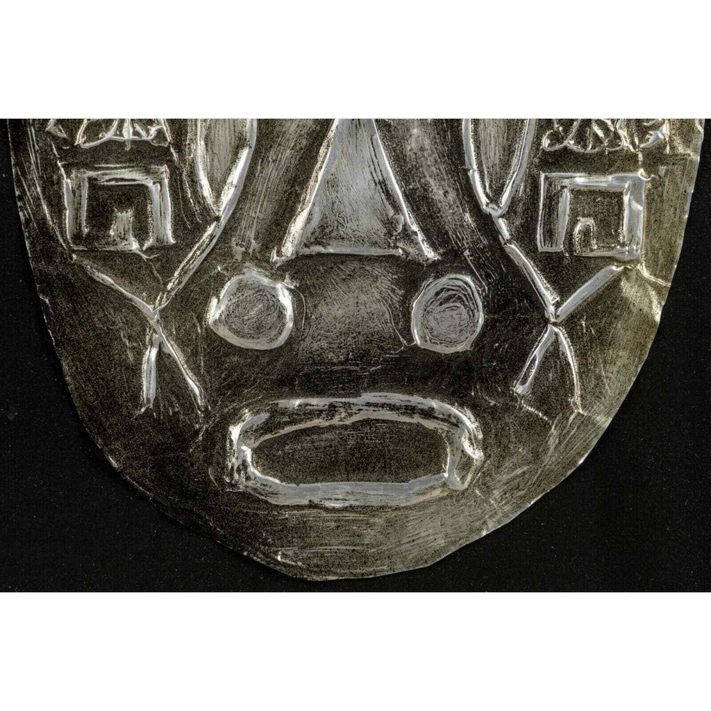 Metal Mask Art with Tribal Symbols Framed Under Glass