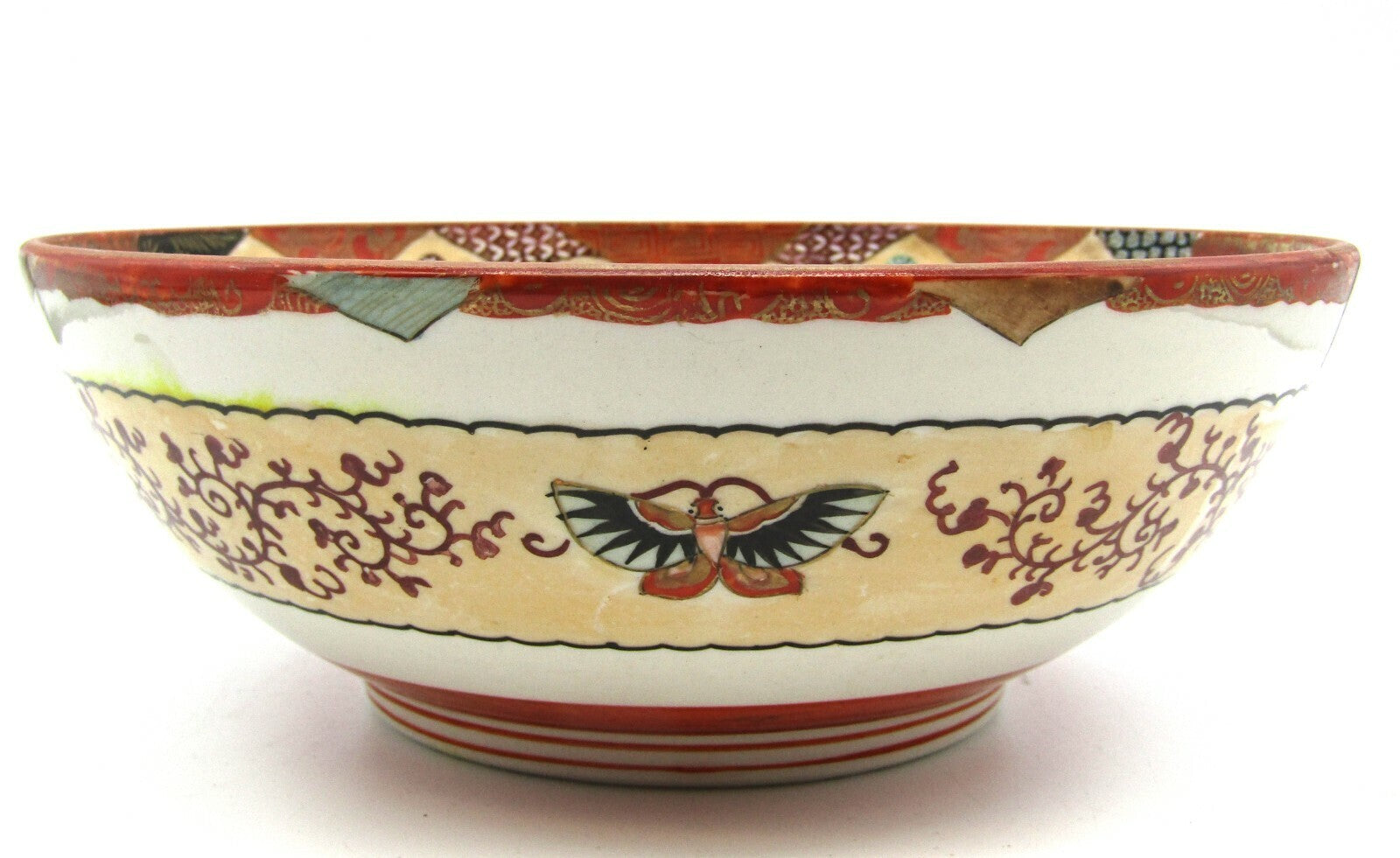 Antique Japanese Kutani Bowl Gisha Butterflies Fans Marked Meiji Period 19th C