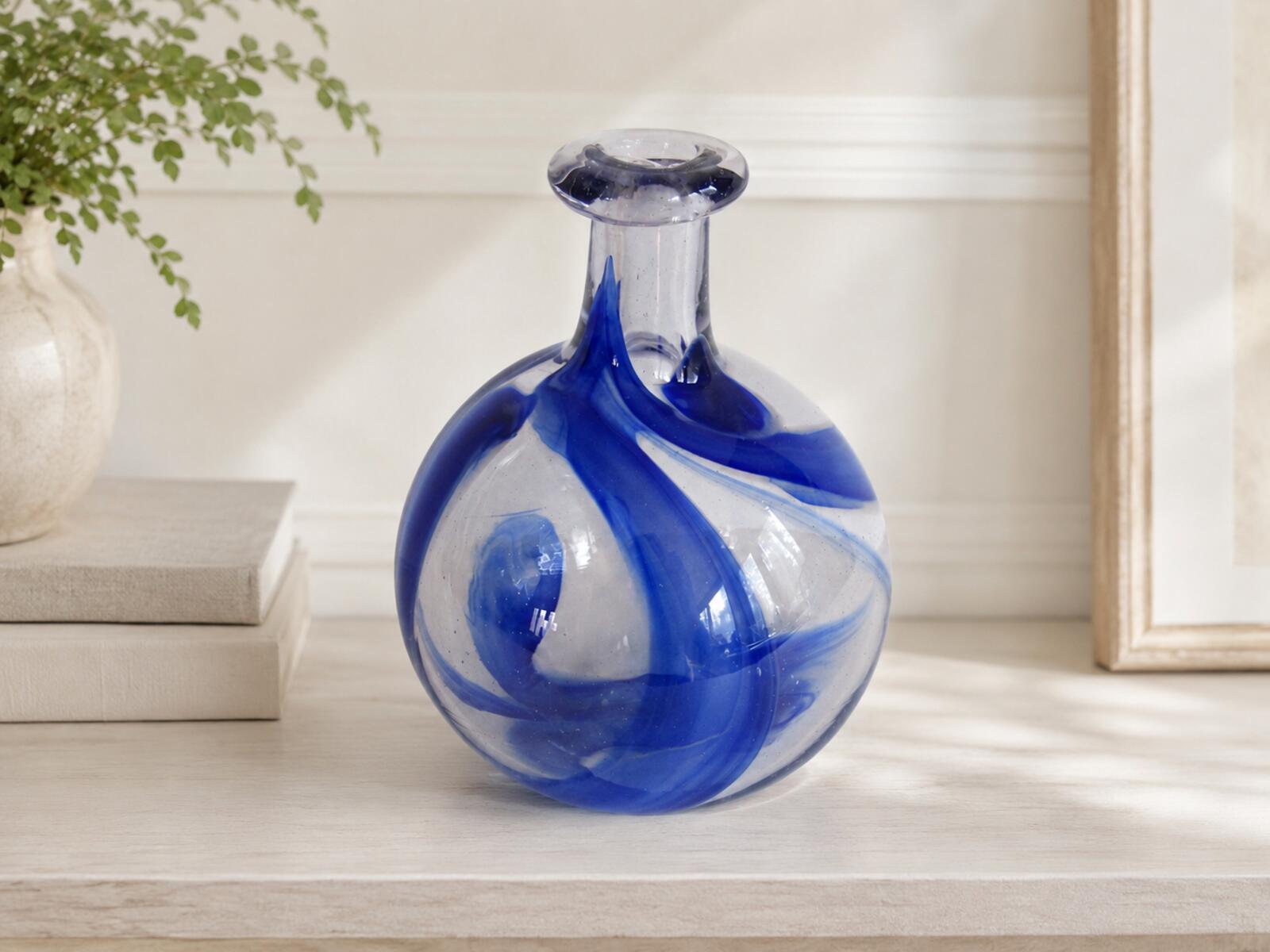 Harkness Glass Blue Swirl Art Glass Vase Hand Blown Signed 5"