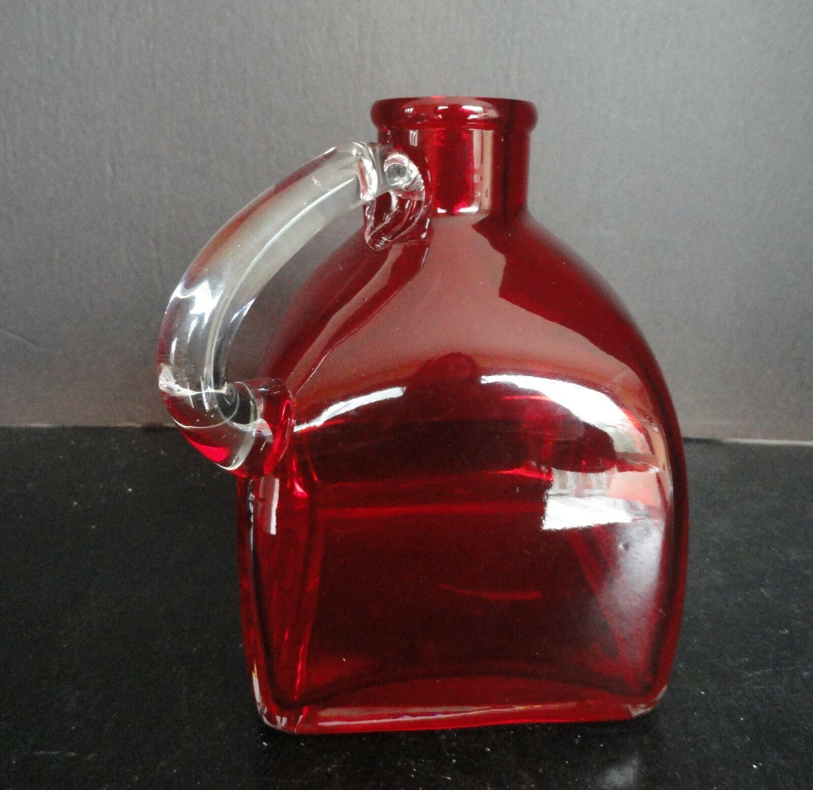 Bright Red Vase with Clear Applied Handle, Jug Vase, Bottle Vase