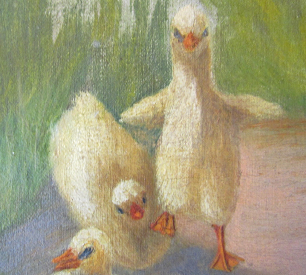 Painting of Puppy Playing with Ducks Oil on Canvas Early Painting Signed JA