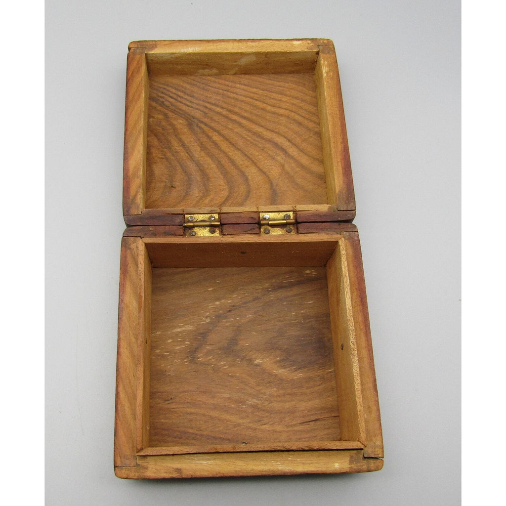 Carved Wood Box with Floral Decoration on Top and Sides Trinket Box