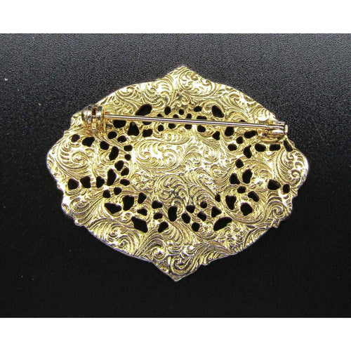 1928 Art Nouveau Ornate Gold Tone & Faux Pearl and Rhinestone Filigree Brooch