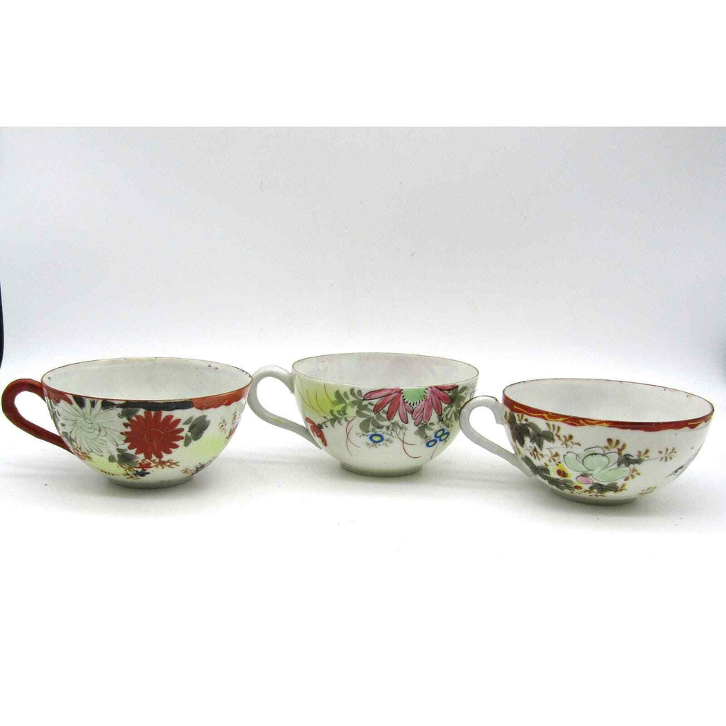 Set of 3 Japanese Cups Eggshell Porcelain Hand Painted Floral and Bird Antique