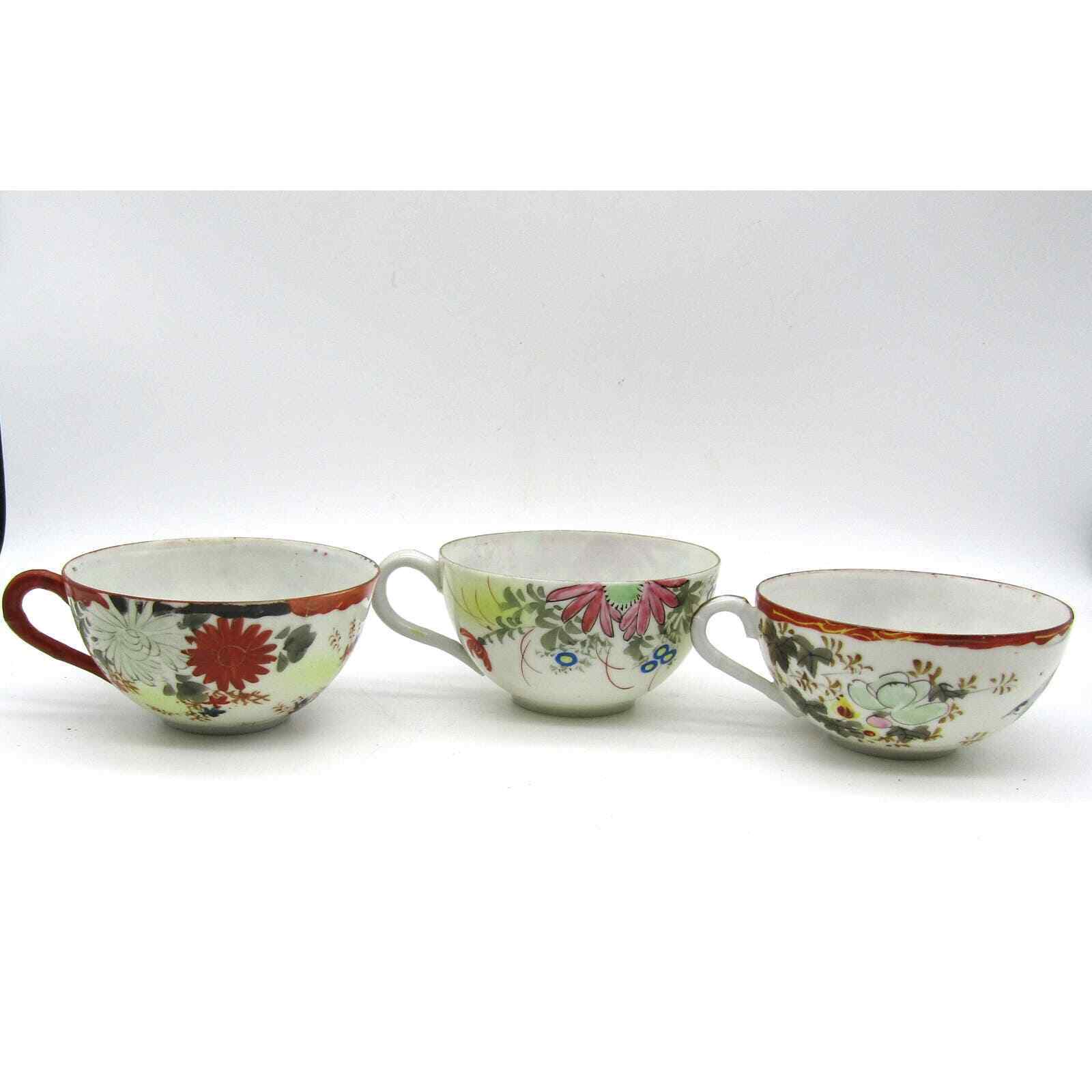 Set of 3 Japanese Cups Eggshell Porcelain Hand Painted Floral and Bird Antique
