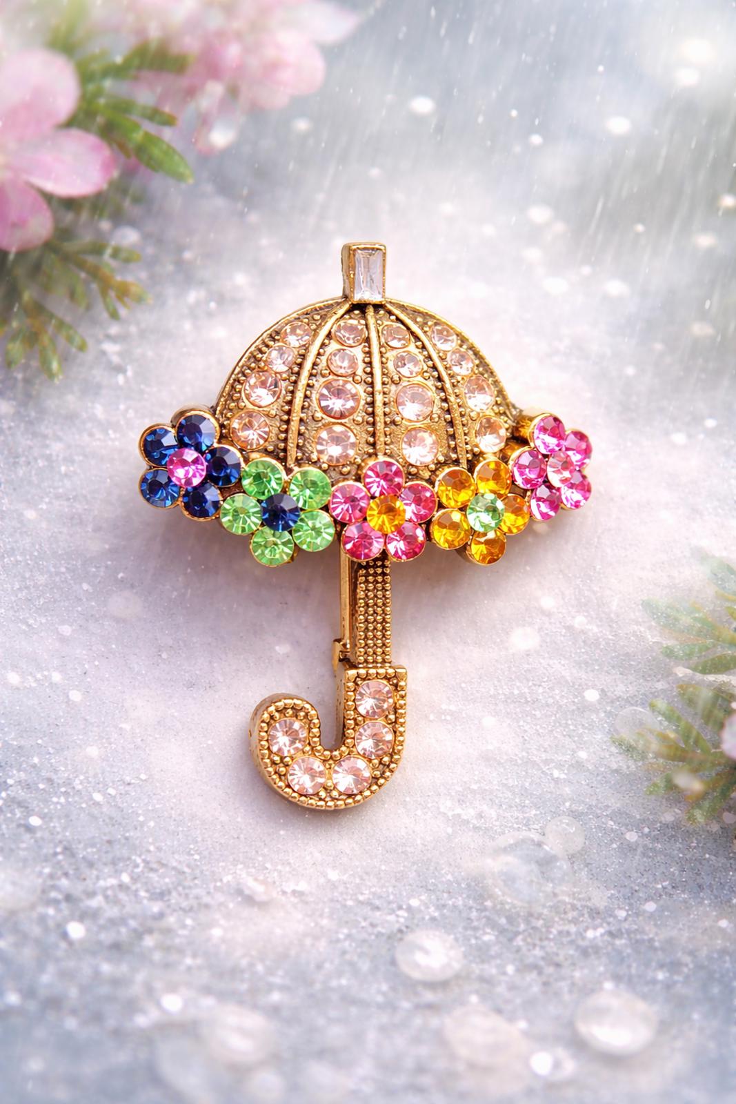 Vintage Umbrella Brooch Rhinestone Gold Tone Multicolor Flower Pin