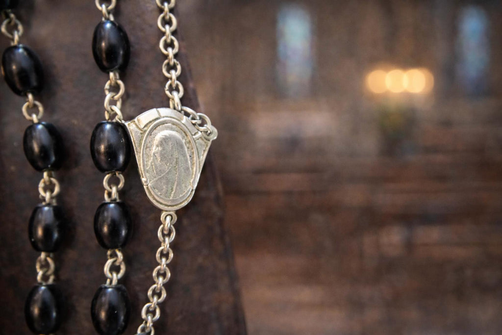 Vintage Rosary with Onyx or Hematite beads and the Virgin Mary 42"