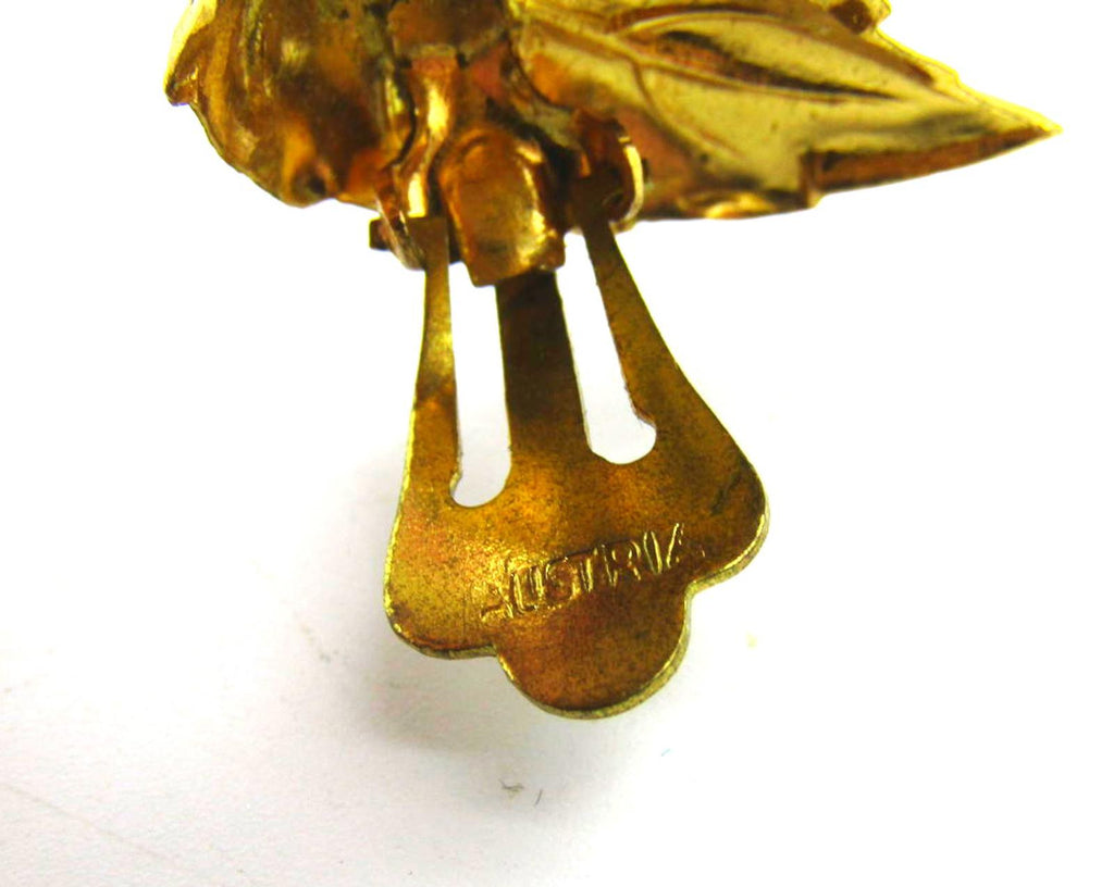 Vintage Austrian Leaf Clip-On Earrings with Amber Austrian Crystals