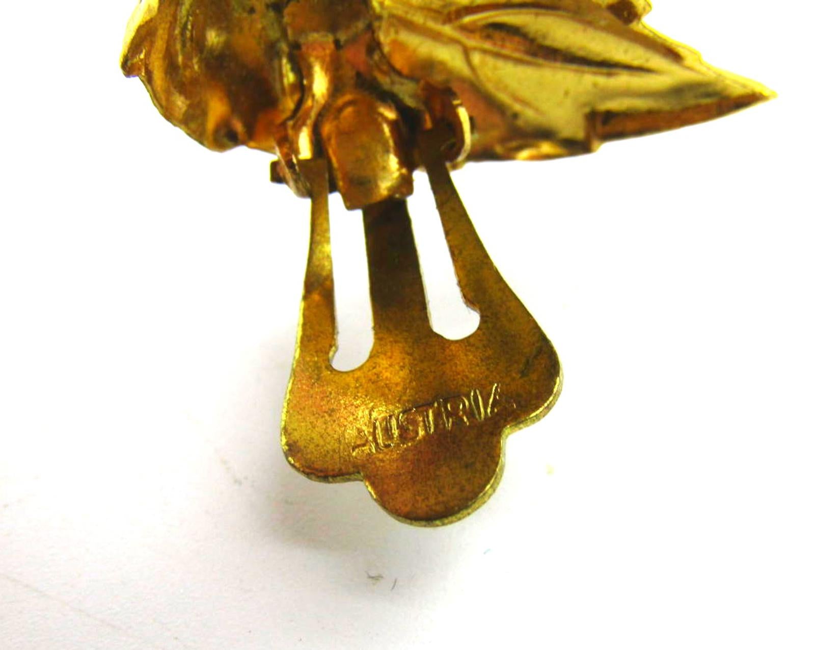 Vintage Austrian Leaf Clip-On Earrings with Amber Austrian Crystals