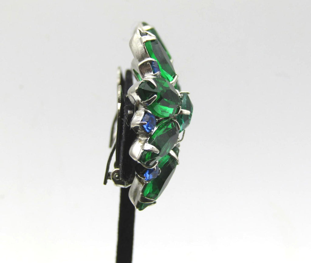 Vintage Green and Blue Rhinestone Clip-On Earrings