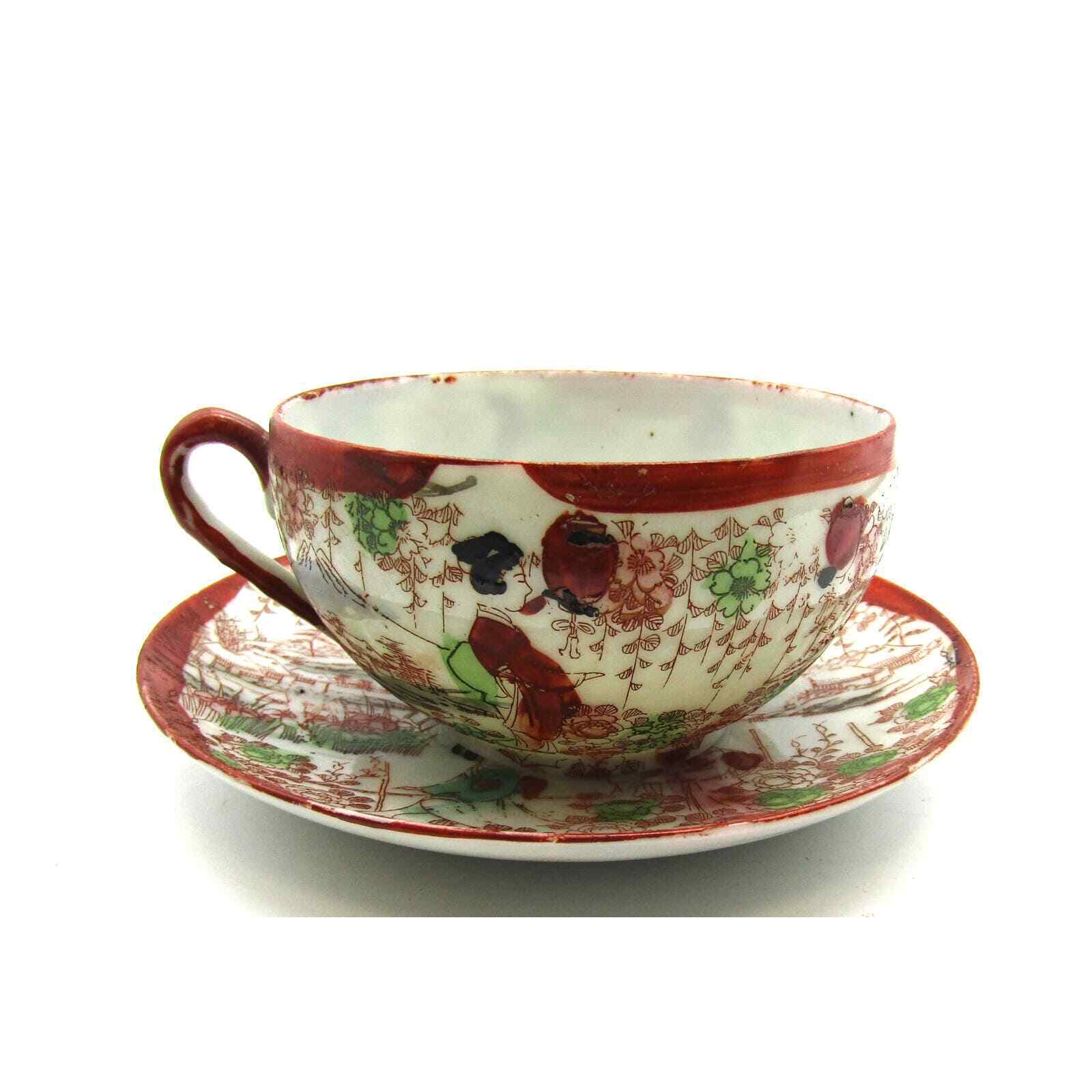 Japanese Cup and Saucer Eggshell Porcelain Gisha Hand Painted Marked