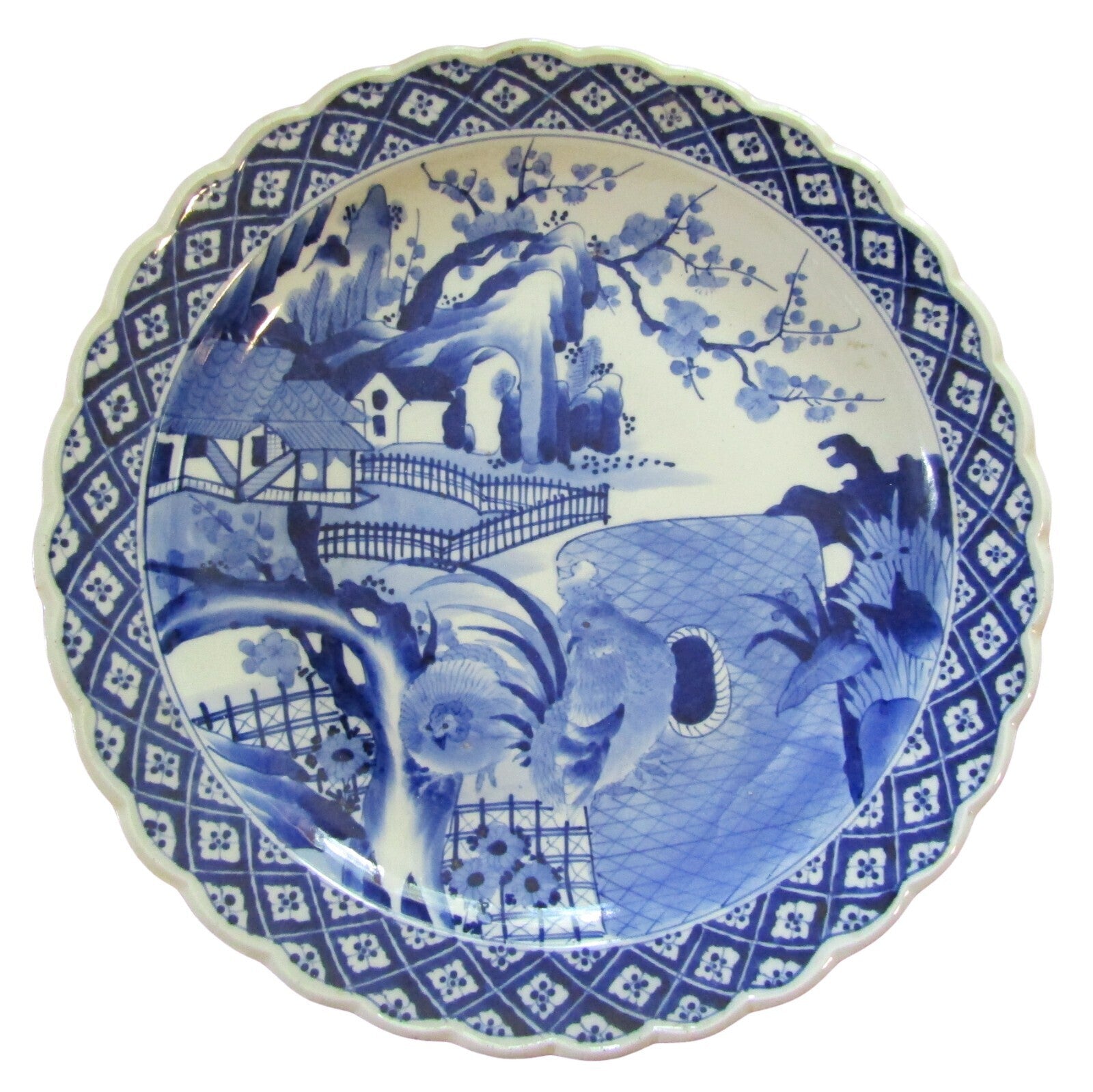 Japanese Blue & White Porcelain Charger Rooster & Hen 18th 19th C   19"