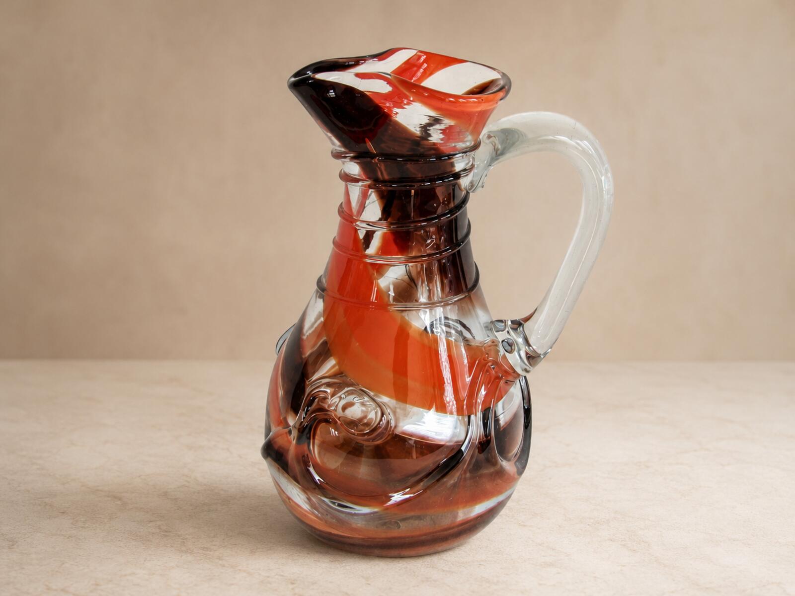 Harry Boyer 1978 Signed Studio Art Glass Pitcher Orange Brown Hand Blown 7 1/8"