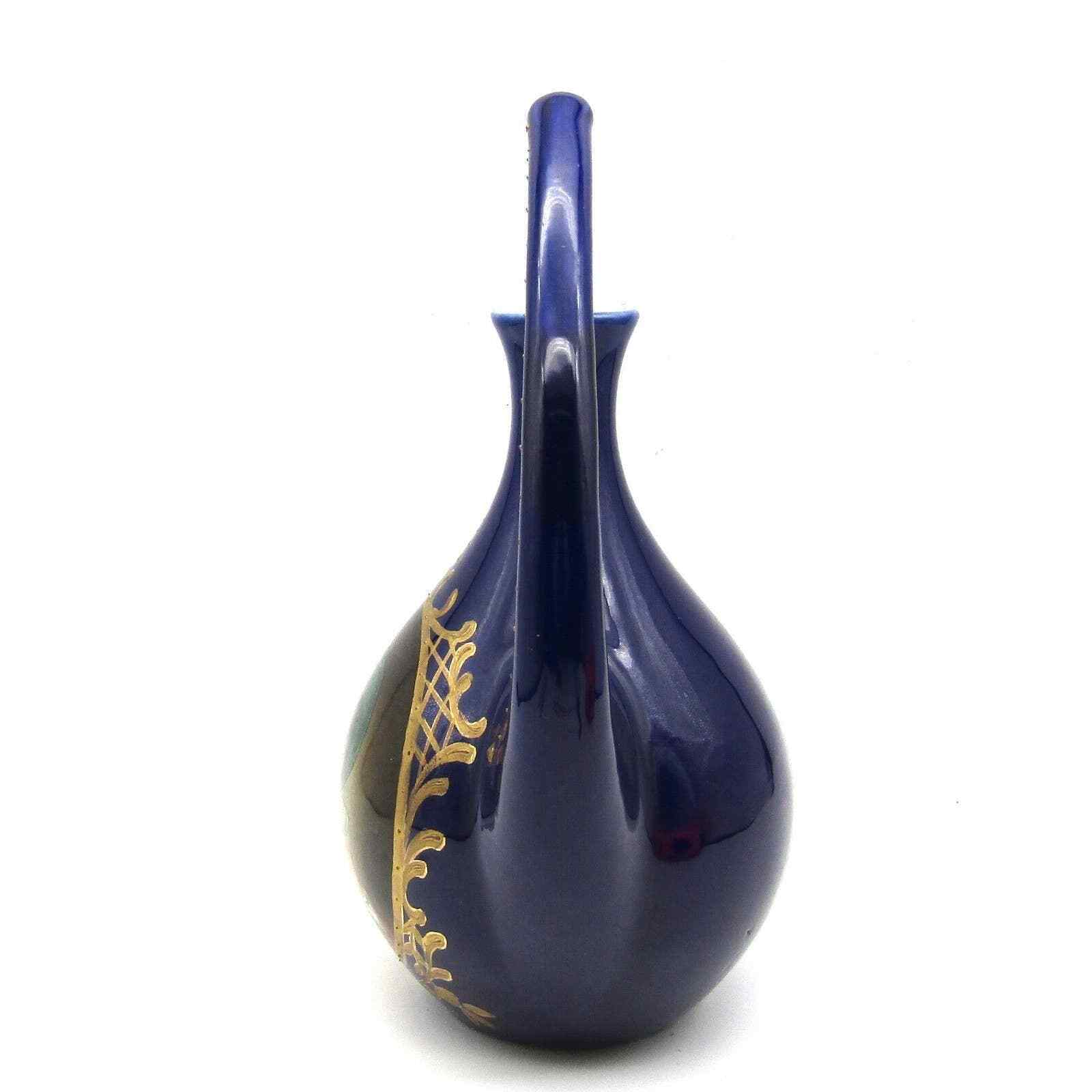 Continental Antique Portrait Vase Porcelain Male Card Player Cobalt Gold Gilt
