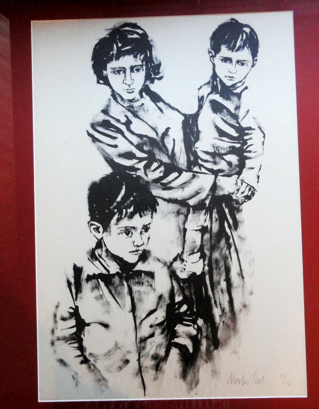 Moshe Gat Lithograph Mother and Children Israeli Artist Signed Numbered 21/150