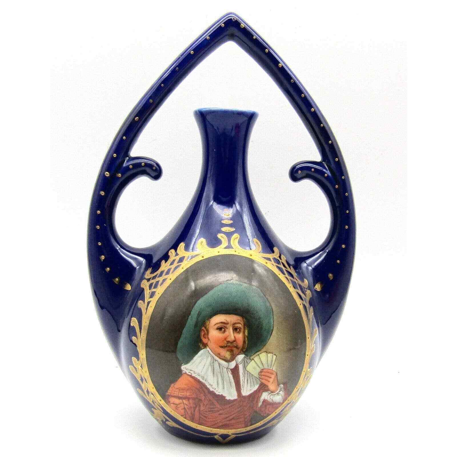 Continental Antique Portrait Vase Porcelain Male Card Player Cobalt Gold Gilt