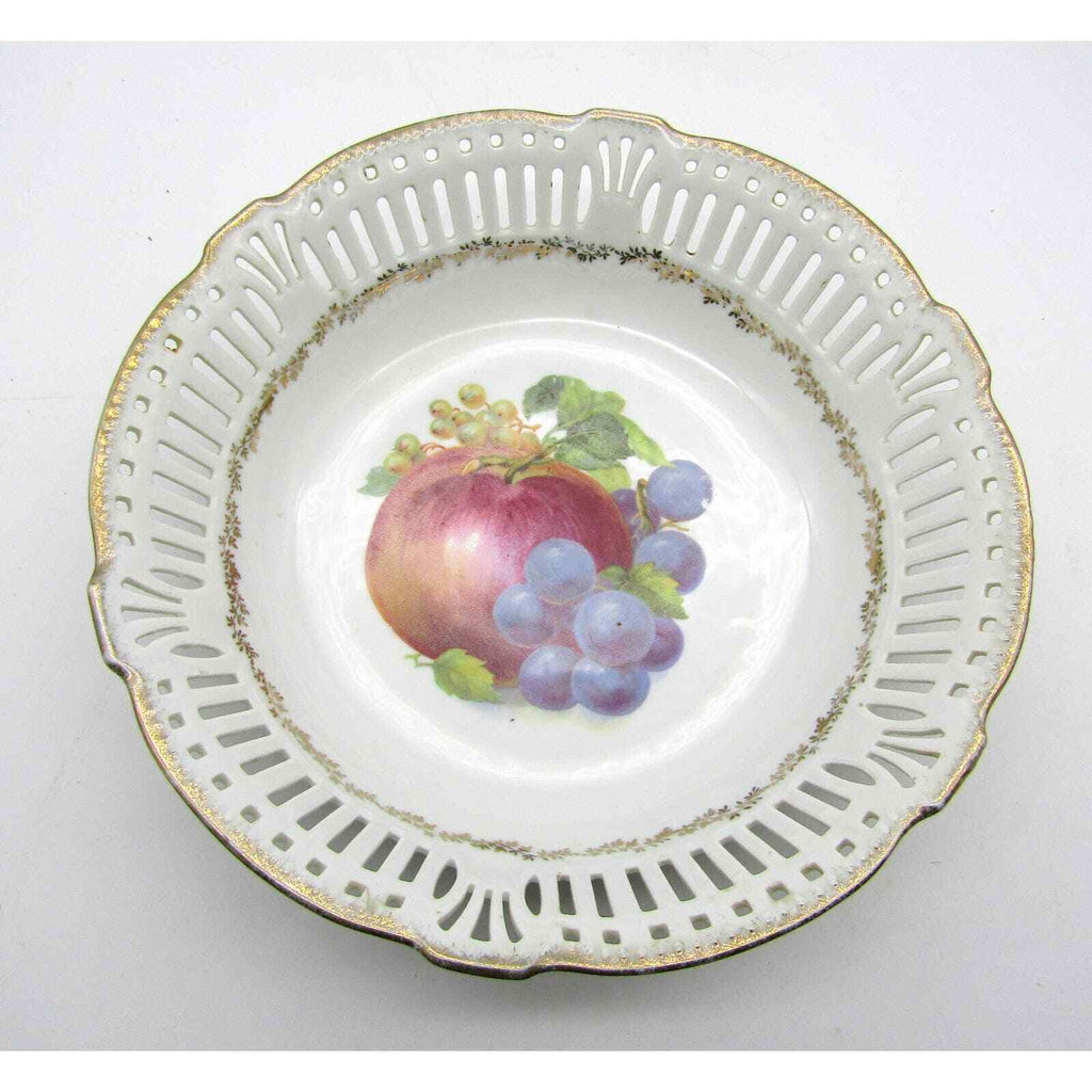 Reticulated Bowl Made in Germany with Hand Painted Apple and Grapes