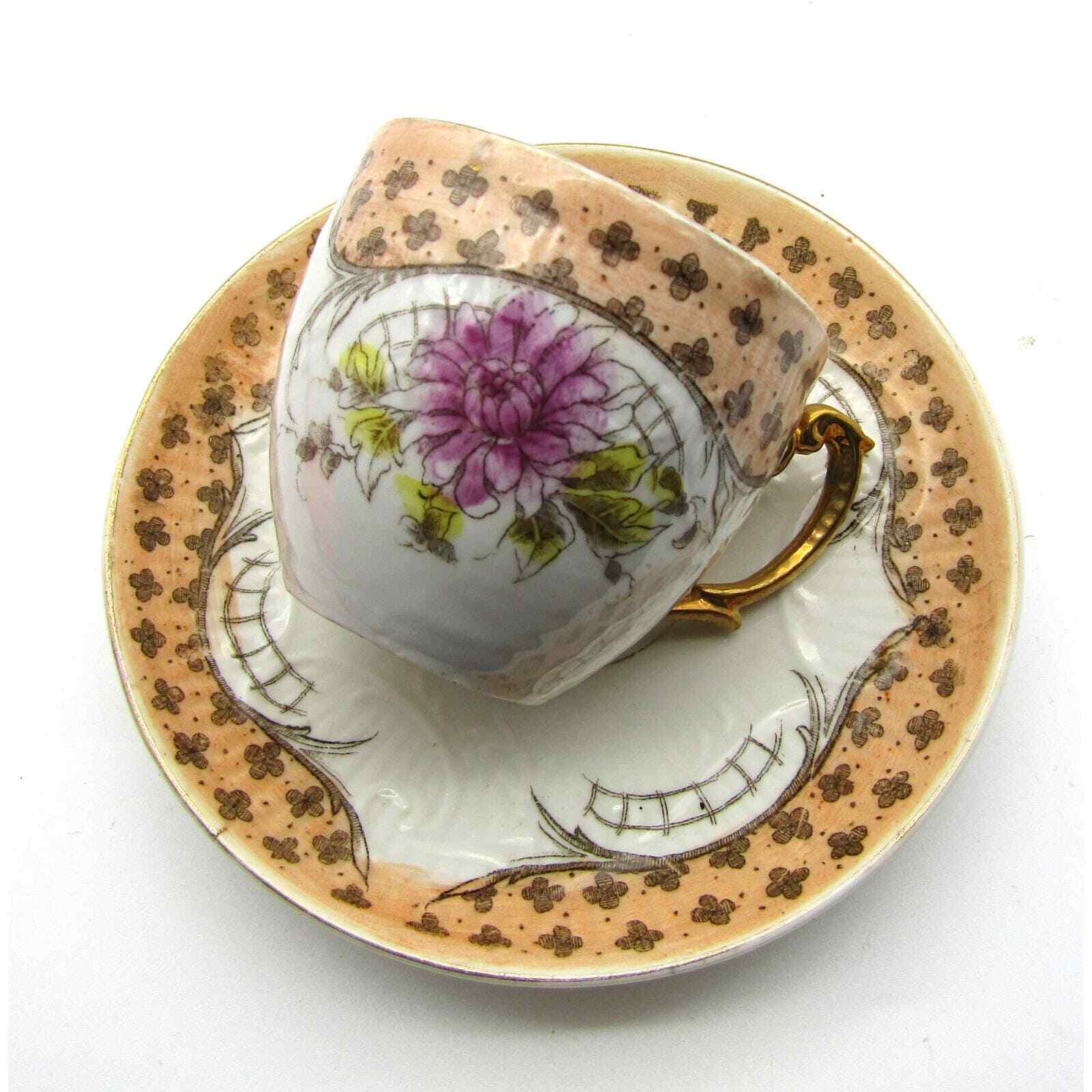 Ornate Demitasse Cup  Hand Painted Floral Design Gold Handle