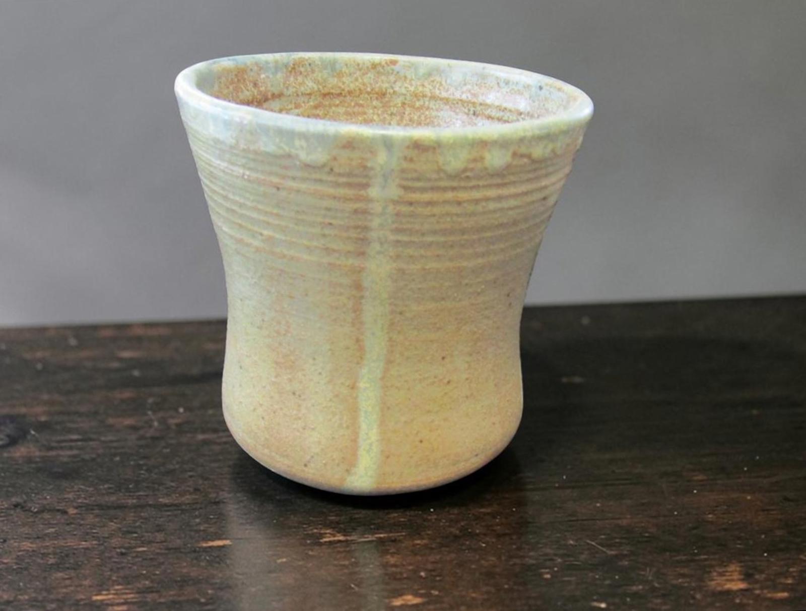 Handmade Studio Art Pottery Planter Rustic Sage Green Tan Signed 4 7/8" Wide