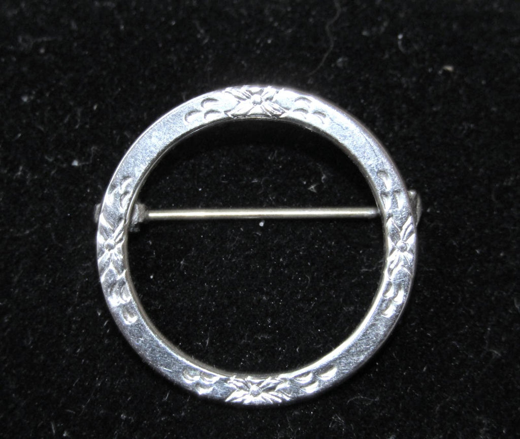 Vintage Sterling Silver Circular Brooch Pin with Etched Flowers - Makers Mark