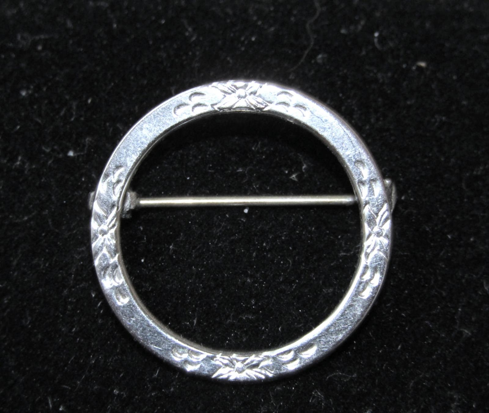 Vintage Sterling Silver Circular Brooch Pin with Etched Flowers - Makers Mark