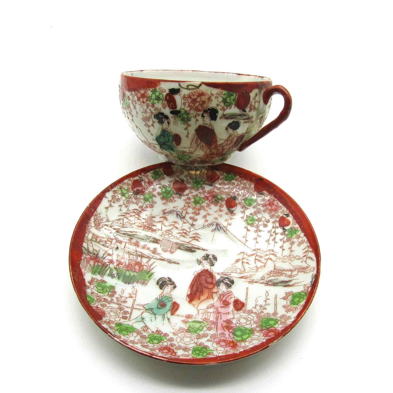 Japanese Cup and Saucer Eggshell Porcelain Gisha Hand Painted Marked