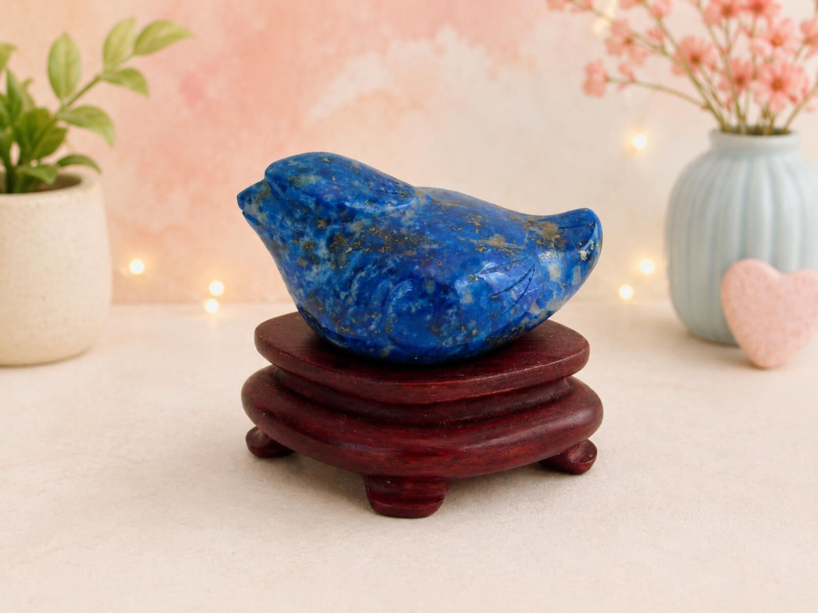Lapis Lazuli Bird Carving on Wood Stand Blue Lapis Figurine 1.75" Vintage