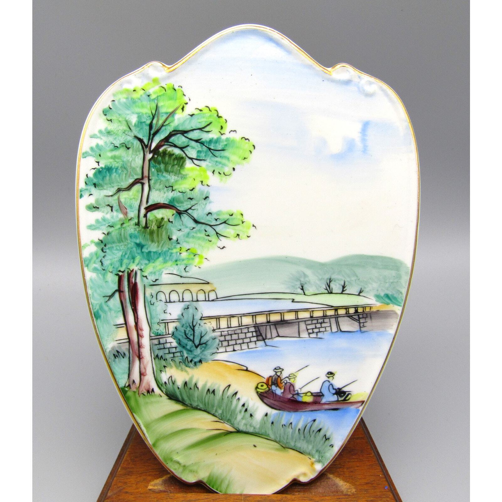 Lefton Hand Painted Wall Plaque Japanese Fishing Scene MINT