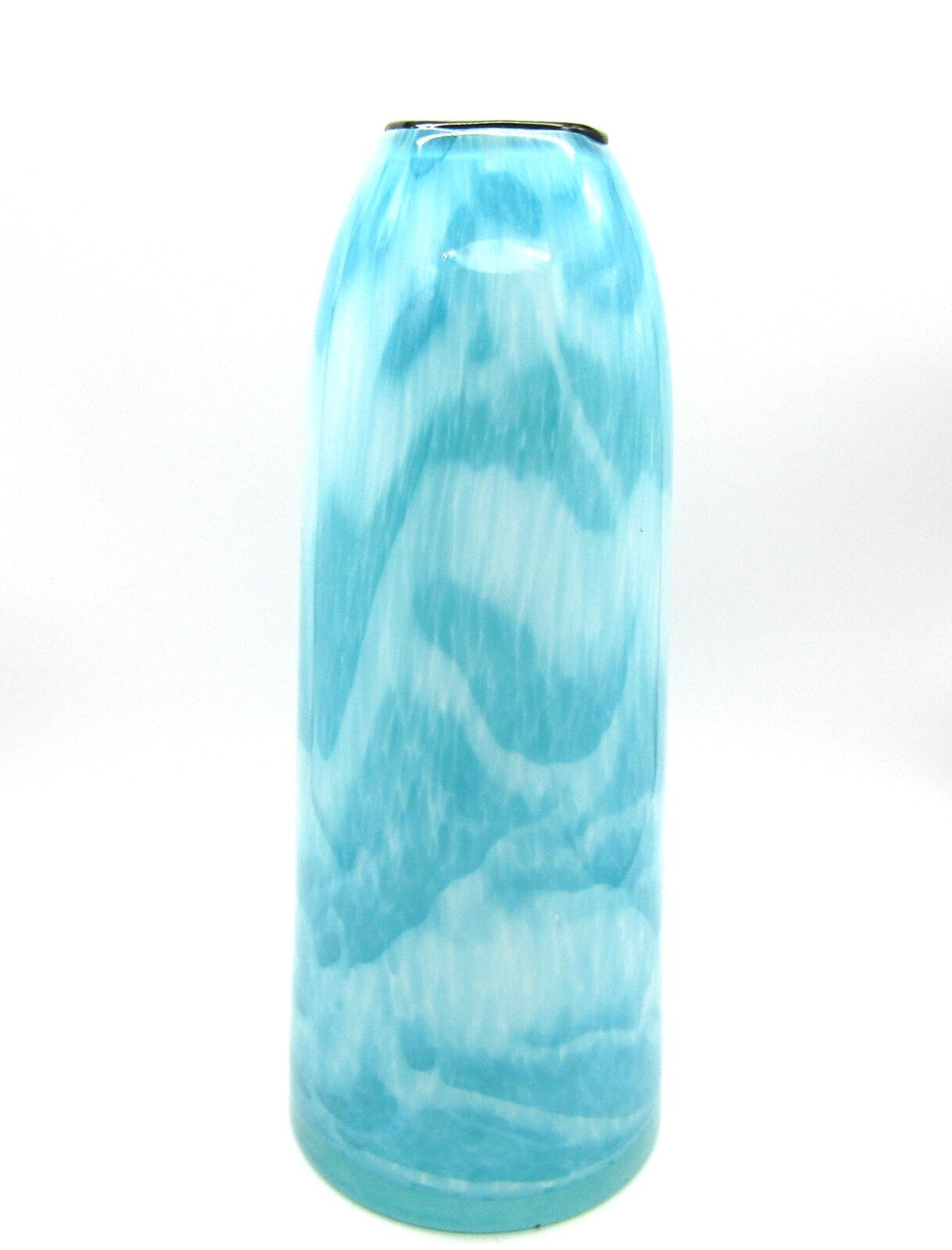 Pretty Pale Blue and White Vase Tall with Black Rim Art Glass Vase 12" Tall