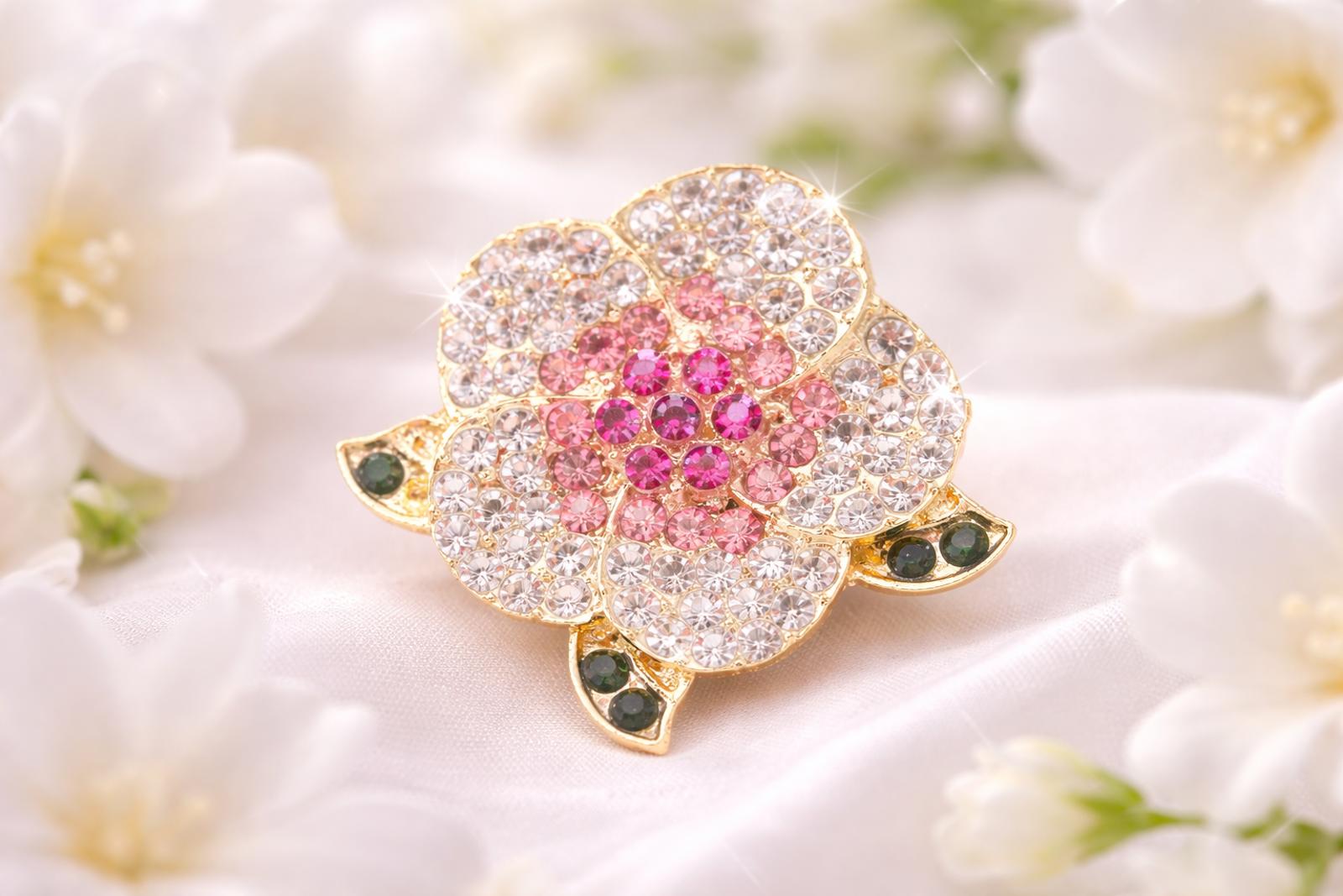 Pink Rhinestone Flower Brooch Crystal Floral Pin Gold Tone Sparkly FREE SHIPPING