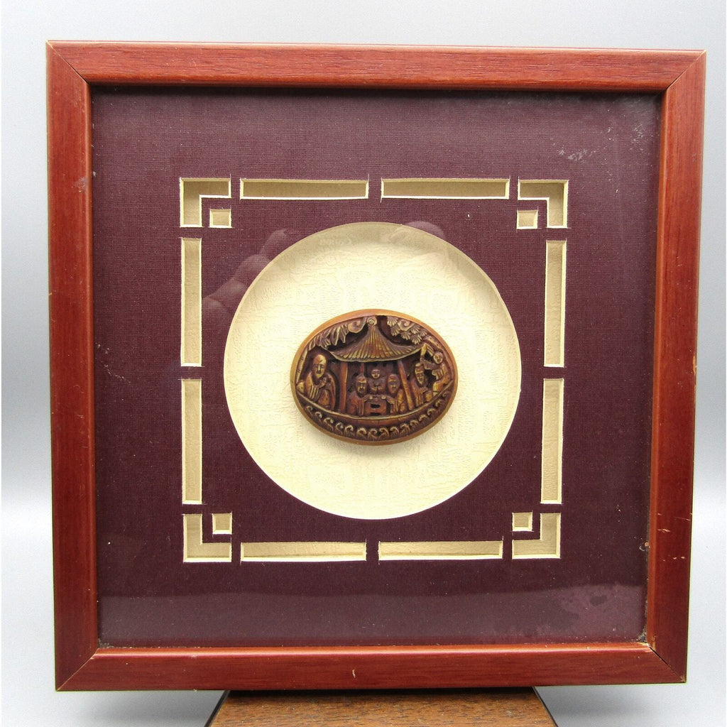 Chinese Pendant in Wood Framed 6 Men Drinking Tea Eating Wonderful Carving