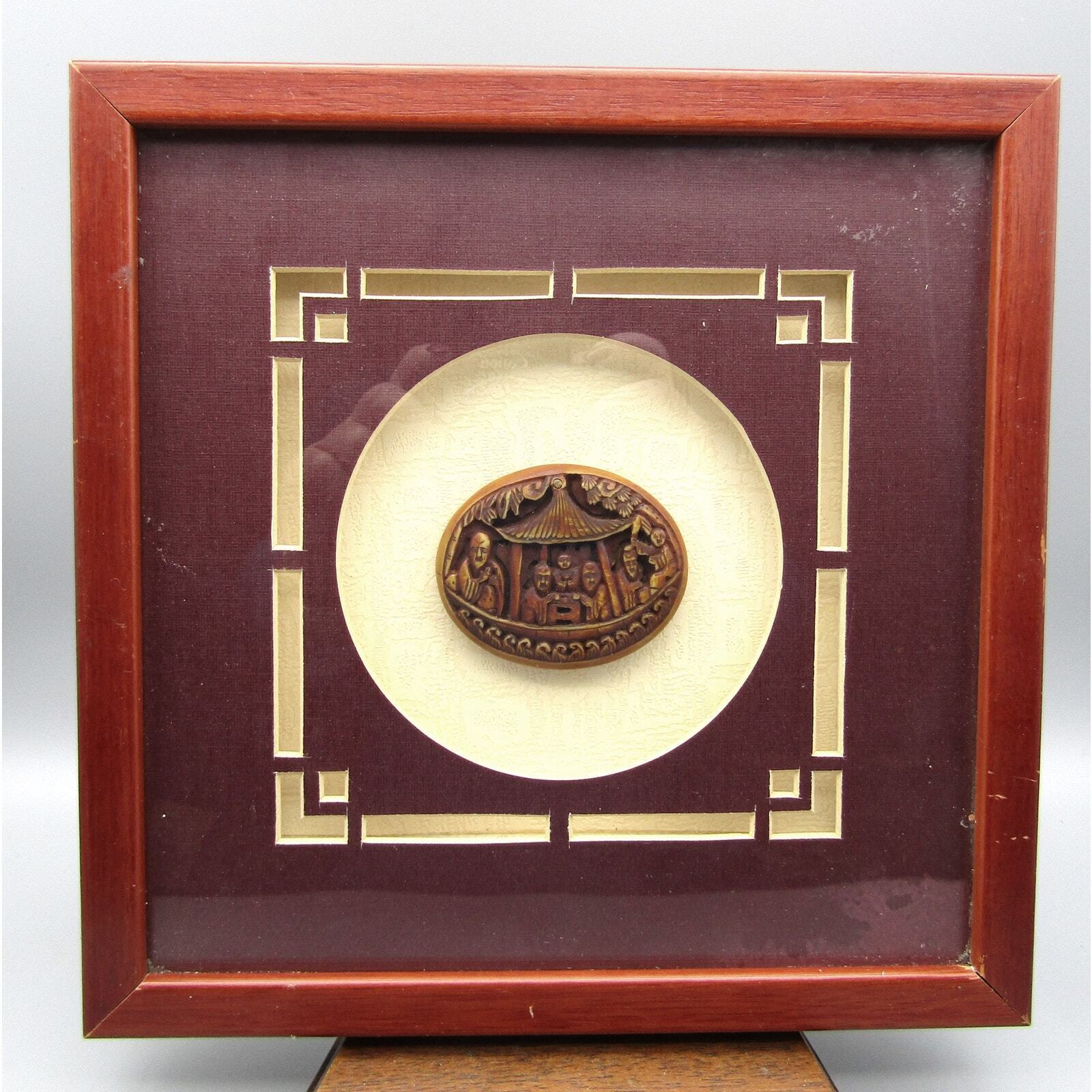 Chinese Pendant in Wood Framed 6 Men Drinking Tea Eating Wonderful Carving